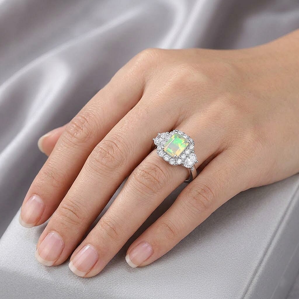 Certified and Appraised D'Joy Ethiopian Welo Opal and Moissanite 2.30 ctw Ring in Rhodium Over Sterling Silver (Size 6.0)
