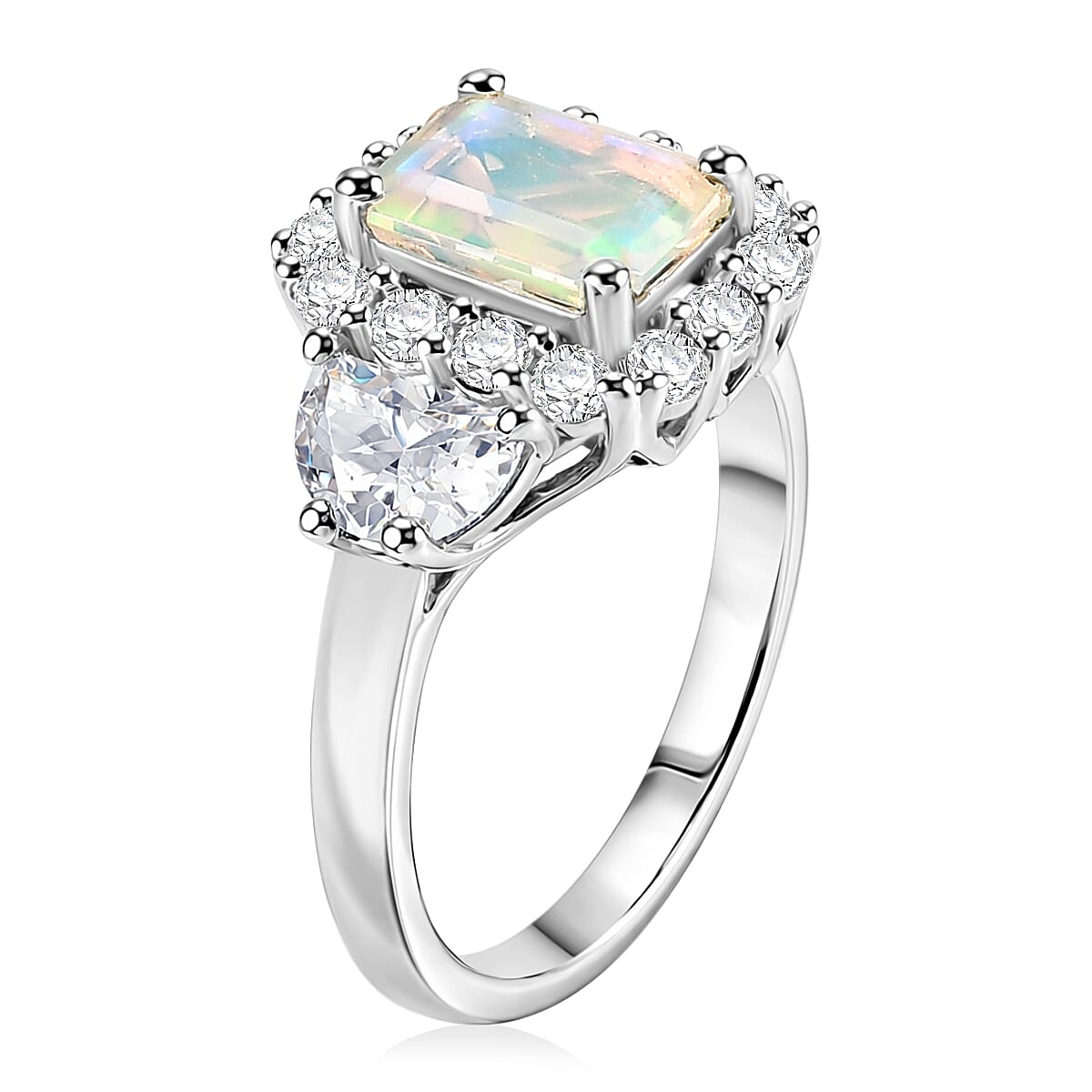 Certified and Appraised D'Joy Ethiopian Welo Opal and Moissanite 2.30 ctw Ring in Rhodium Over Sterling Silver (Size 6.0) image number 3