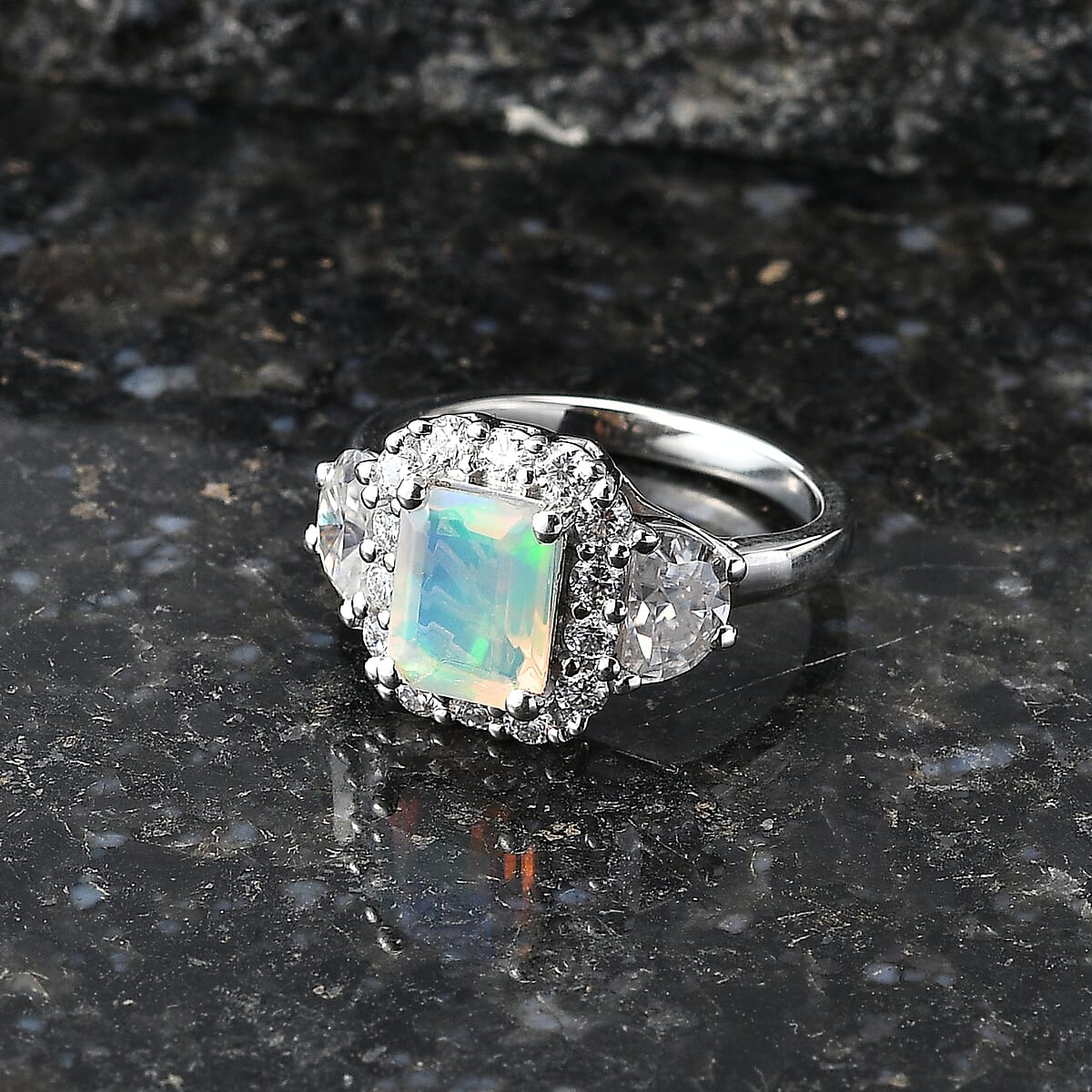 D'Joy Ethiopian Welo Opal and Moissanite 2.30 ctw Ring in Rhodium Over Sterling Silver (Size 8.0) image number 1