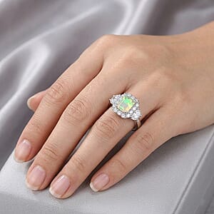 D'Joy Ethiopian Welo Opal and Moissanite 2.30 ctw Ring in Rhodium Over Sterling Silver (Size 8.0)