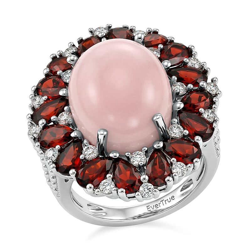 EverTrue Peruvian Pink Opal and Multi Gemstone 12.15 ctw Peony Floral Ring in Platinum Bond (Size 10.0)