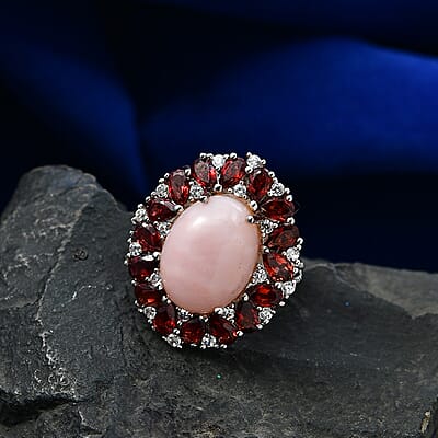 EverTrue Peruvian Pink Opal and Multi Gemstone 12.15 ctw Peony Floral Ring in Platinum Bond (Size 10.0)
