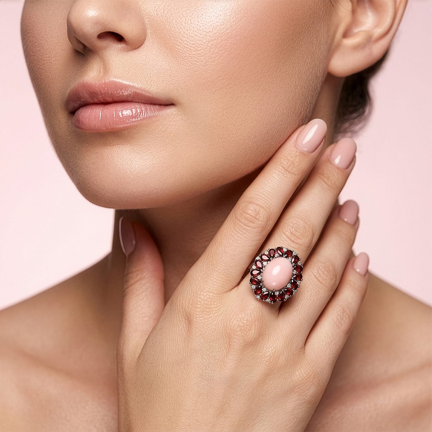 EverTrue Peruvian Pink Opal and Multi Gemstone 12.15 ctw Peony Floral Ring in Platinum Bond (Size 10.0)