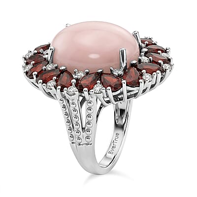 EverTrue Peruvian Pink Opal and Multi Gemstone 12.15 ctw Peony Floral Ring in Platinum Bond (Size 10.0)