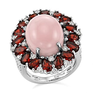 EverTrue Peruvian Pink Opal and Multi Gemstone 12.15 ctw Peony Floral Ring in Platinum Bond (Size 5.0)