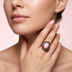 EverTrue Peruvian Pink Opal and Multi Gemstone 12.15 ctw Peony Floral Ring in Platinum Bond (Size 5.0)