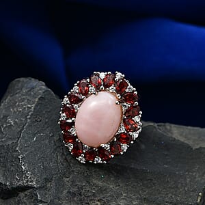 EverTrue Peruvian Pink Opal and Multi Gemstone 12.15 ctw Peony Floral Ring in Platinum Bond (Size 9.0)