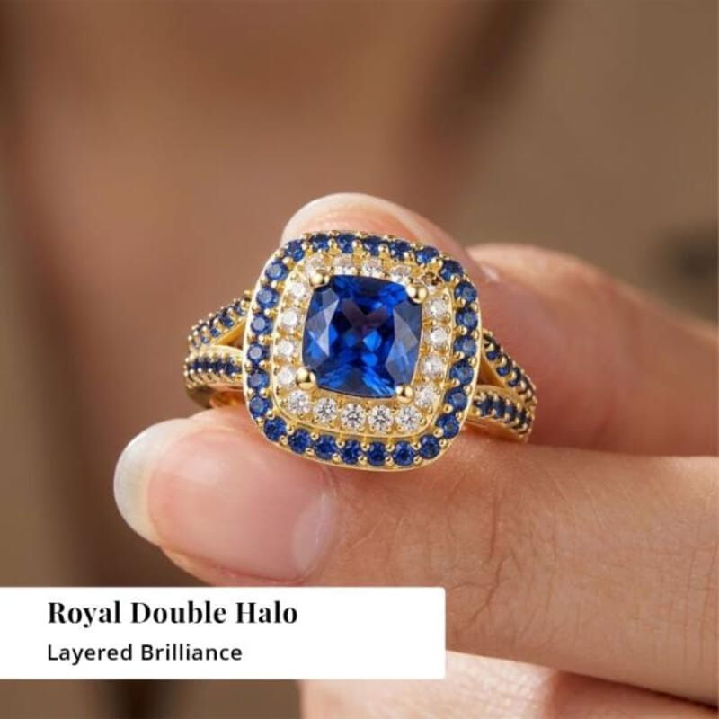 EverTrue Lab Created Blue and White Sapphire 3.60 ctw Royal Double Halo Ring in 18K YG Plated (Size 10.0)