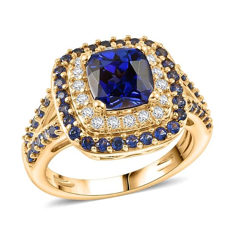 EverTrue Lab Created Blue and White Sapphire 3.60 ctw Royal Double Halo Ring in 18K YG Plated (Size 11.0)