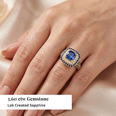 EverTrue Lab Created Blue and White Sapphire 3.60 ctw Royal Double Halo Ring in 18K YG Plated (Size 11.0)
