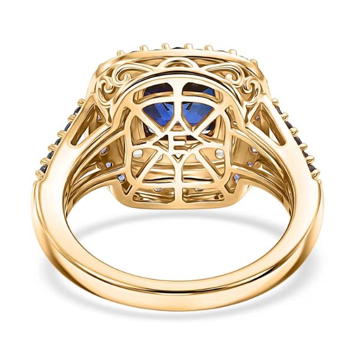 EverTrue Lab Created Blue and White Sapphire 3.60 ctw Royal Double Halo Ring in 18K YG Plated (Size 5.0) image number 6