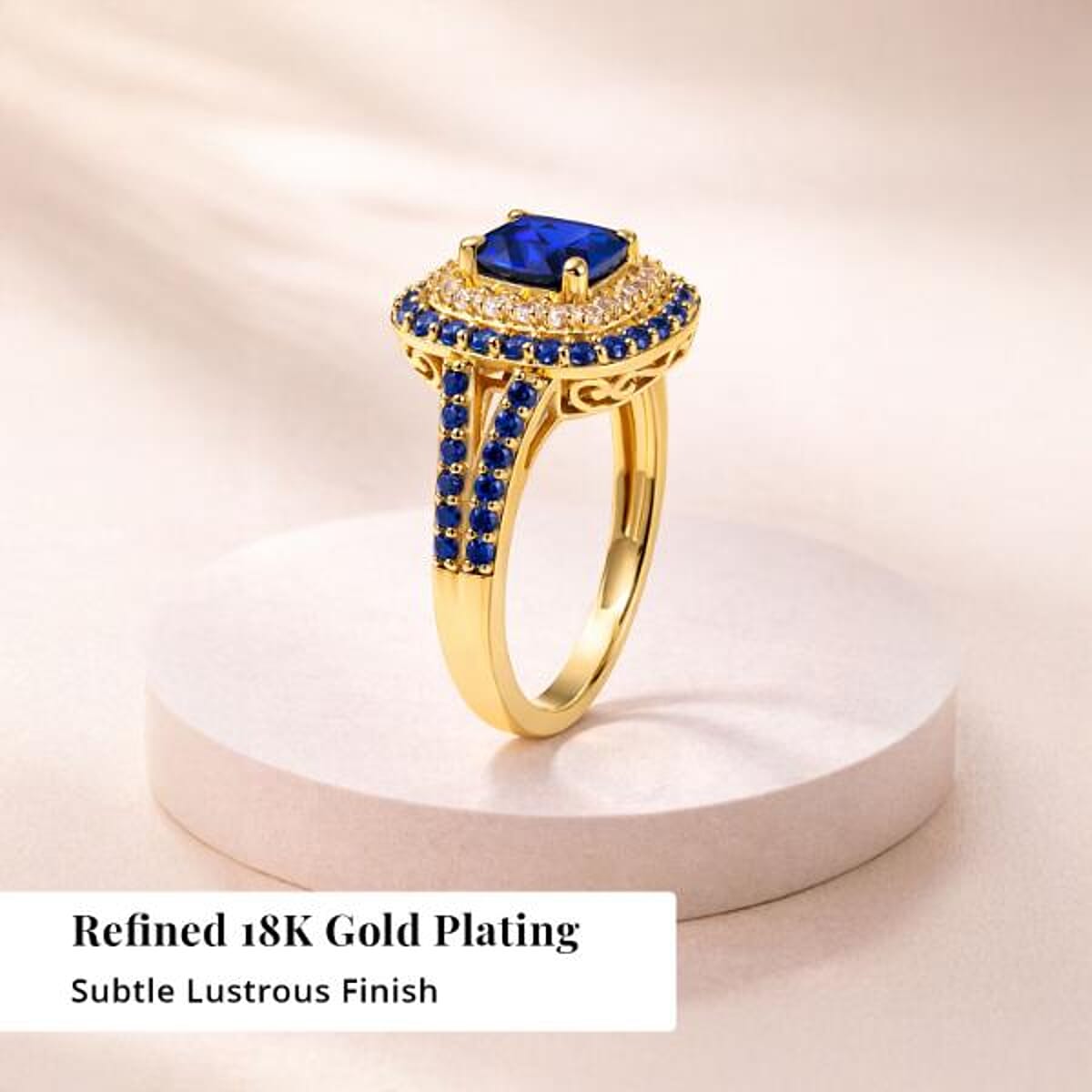 EverTrue Lab Created Blue and White Sapphire 3.60 ctw Royal Double Halo Ring in 18K YG Plated (Size 6.0) image number 2