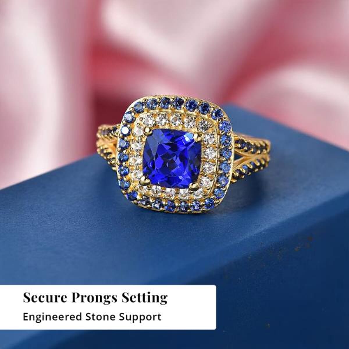 EverTrue Lab Created Blue and White Sapphire 3.60 ctw Royal Double Halo Ring in 18K YG Plated (Size 6.0) image number 3