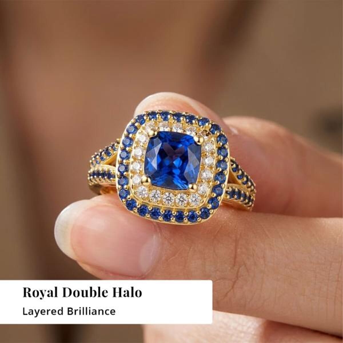 EverTrue Lab Created Blue and White Sapphire 3.60 ctw Royal Double Halo Ring in 18K YG Plated (Size 6.0) image number 4
