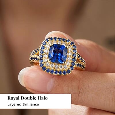 EverTrue Lab Created Blue and White Sapphire 3.60 ctw Royal Double Halo Ring in 18K YG Plated (Size 9.0)