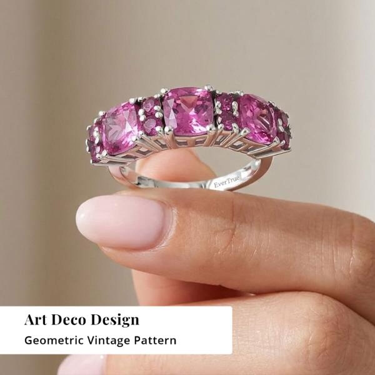 EverTrue Lab Created Pink Sapphire 4.60 ctw Art Deco Ring in Platinum Bond (Size 5.0) image number 4
