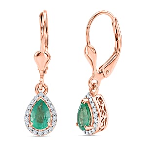 D'Joy Premium Kagem Zambian Emerald and Moissanite 0.90 ctw Drop Earrings in 18K Vermeil Rose Gold Over Sterling Silver