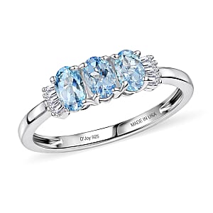 D'Joy Santa Maria Aquamarine, Diamond Ocean Trilogy Ring in Rhodium Over Sterling Silver (Size 10.0) 0.70 ctw
