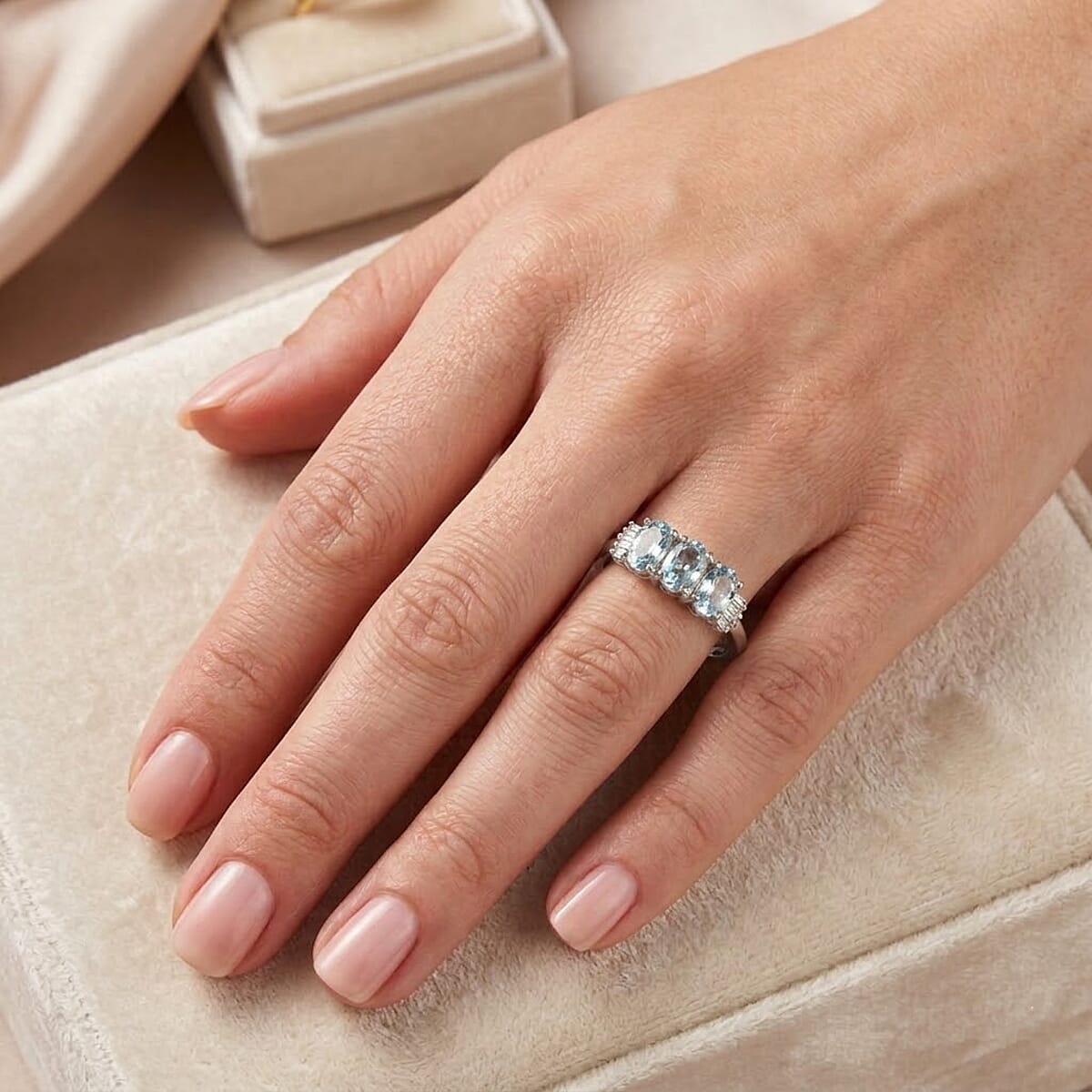 D'Joy Santa Maria Aquamarine, Diamond Ocean Trilogy Ring in Rhodium Over Sterling Silver (Size 10.0) 0.70 ctw image number 2