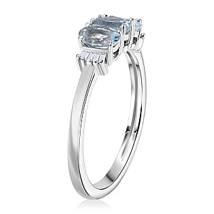 D'Joy Santa Maria Aquamarine, Diamond Ocean Trilogy Ring in Rhodium Over Sterling Silver (Size 10.0) 0.70 ctw