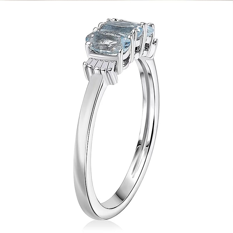 D'Joy Santa Maria Aquamarine and Diamond 0.70 ctw Ocean Trilogy Ring in Rhodium Over Sterling Silver (Size 5.0)