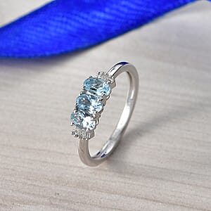 D'Joy Santa Maria Aquamarine and Diamond 0.70 ctw Ring in Rhodium Over Sterling Silver (Size 7.0)