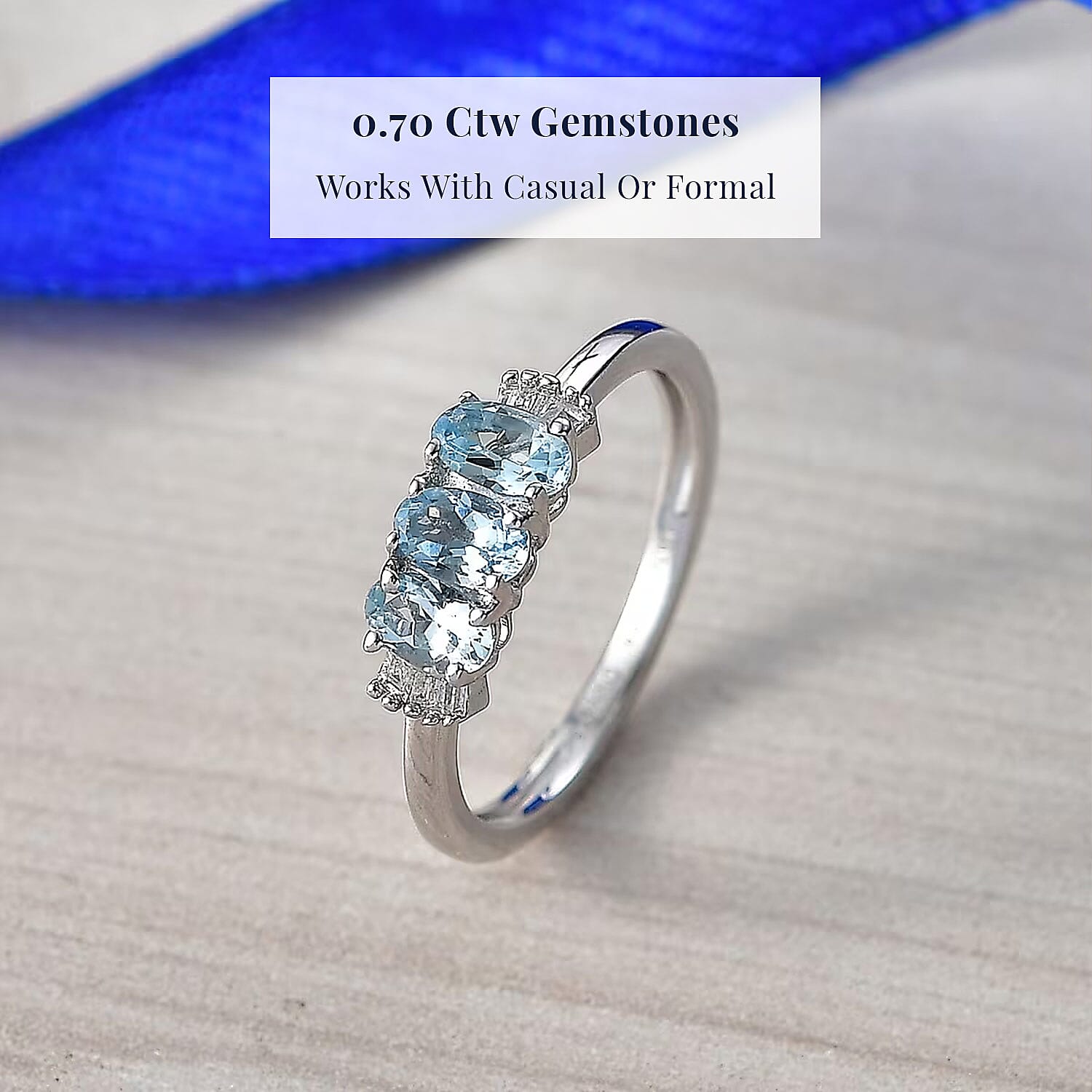D'Joy Santa Maria Aquamarine and Diamond 0.70 ctw Ocean Trilogy Ring in Rhodium Over Sterling Silver (Size 7.0)