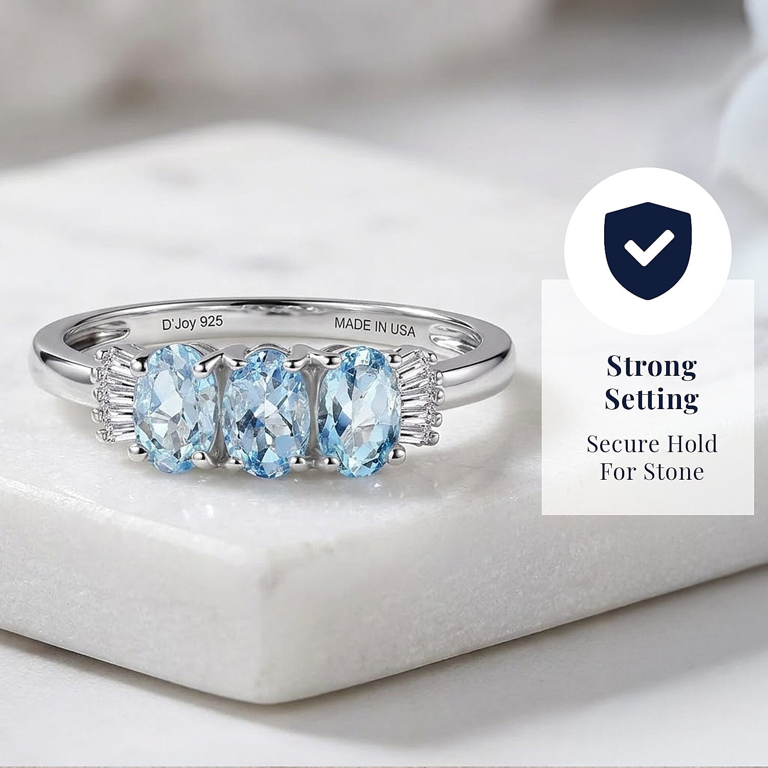D'Joy Santa Maria Aquamarine and Diamond 0.70 ctw Ocean Trilogy Ring in Rhodium Over Sterling Silver (Size 7.0)