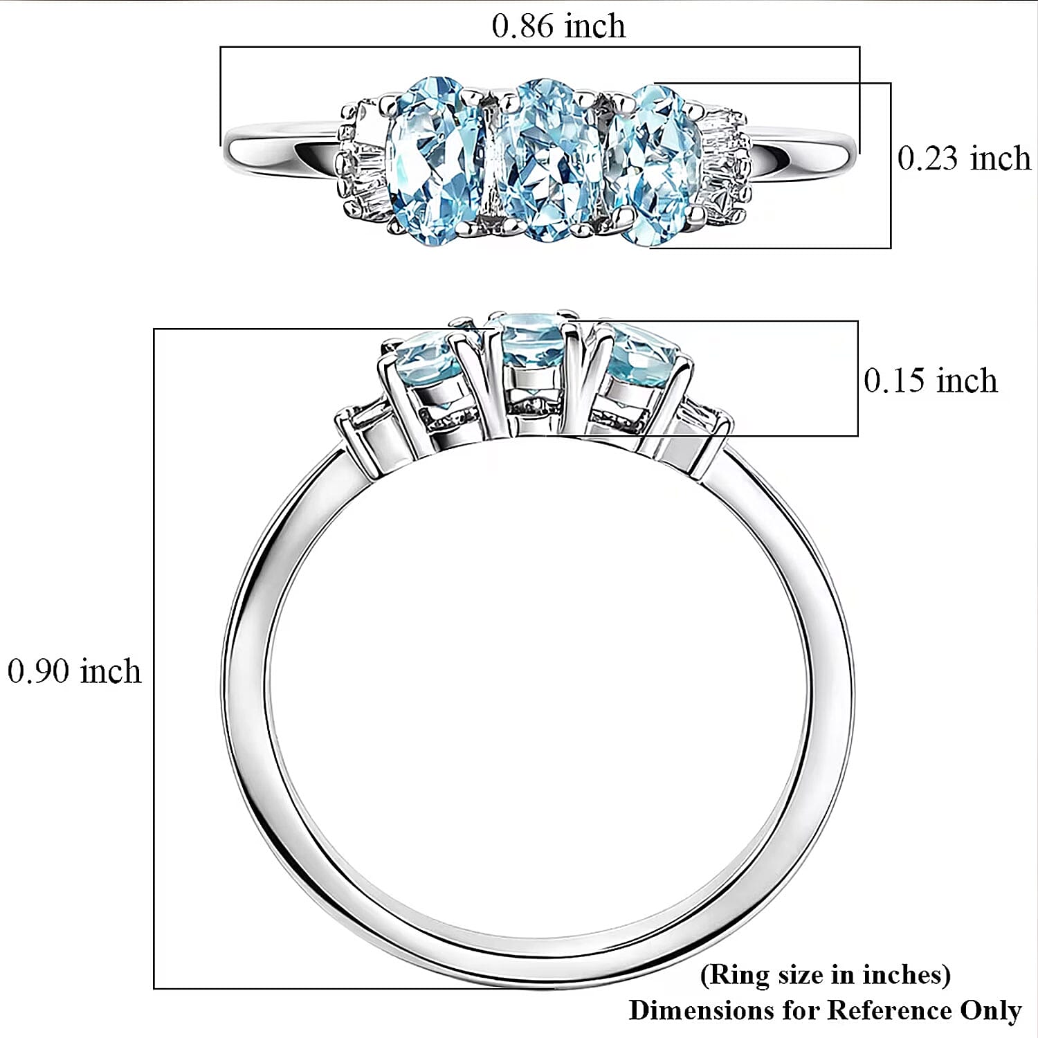 D'Joy Santa Maria Aquamarine and Diamond 0.70 ctw Ocean Trilogy Ring in Rhodium Over Sterling Silver (Size 7.0)