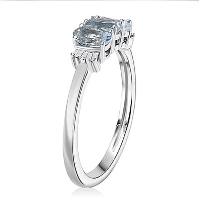 D'Joy Santa Maria Aquamarine and Diamond 0.70 ctw Ocean Trilogy Ring in Rhodium Over Sterling Silver (Size 7.0)