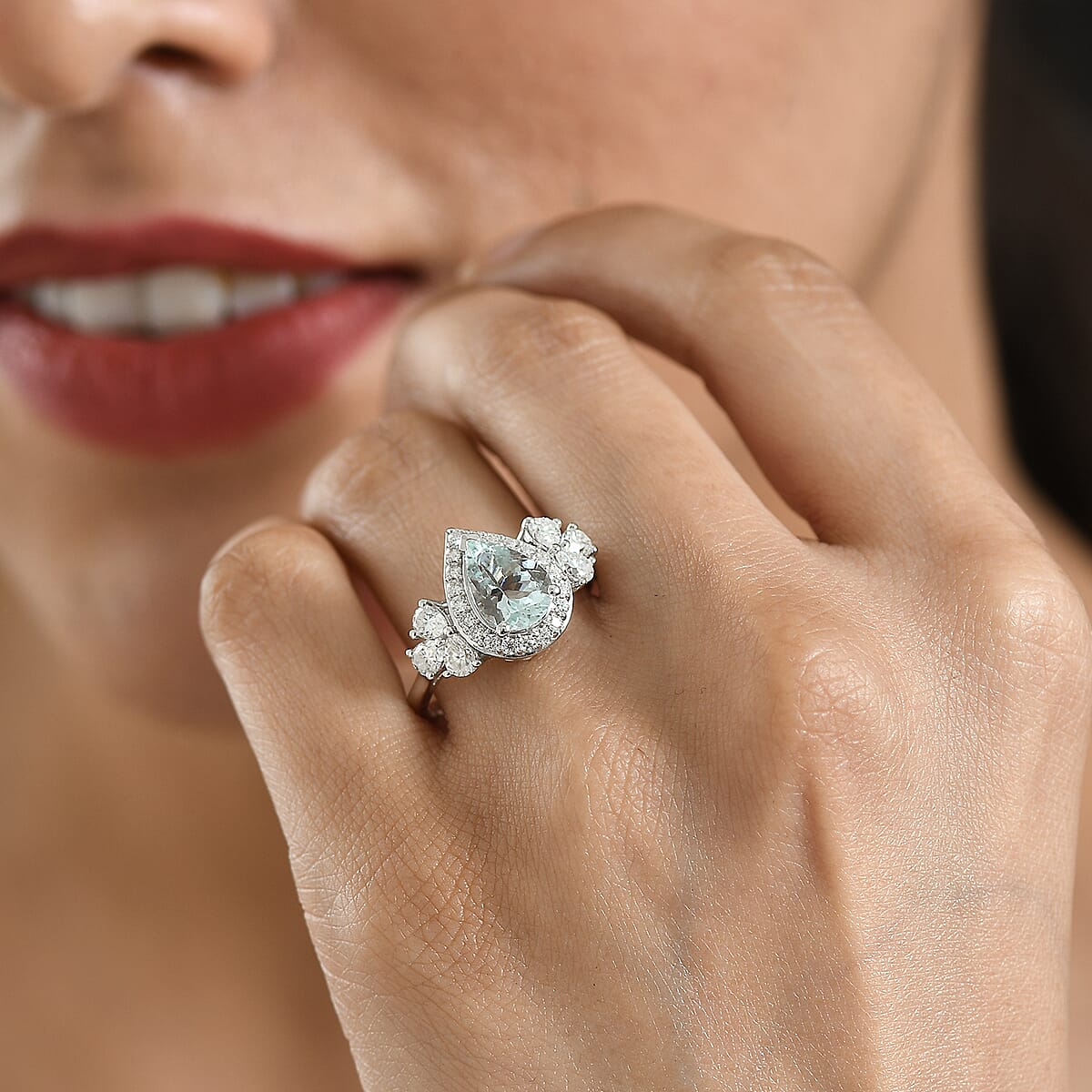 Certified & Appraised D'Joy Premium Mangoro Aquamarine, Moissanite Ring in Rhodium Over Sterling Silver (Size 10.0) (Del. in 10-15 Days) 2.80 ctw image number 2