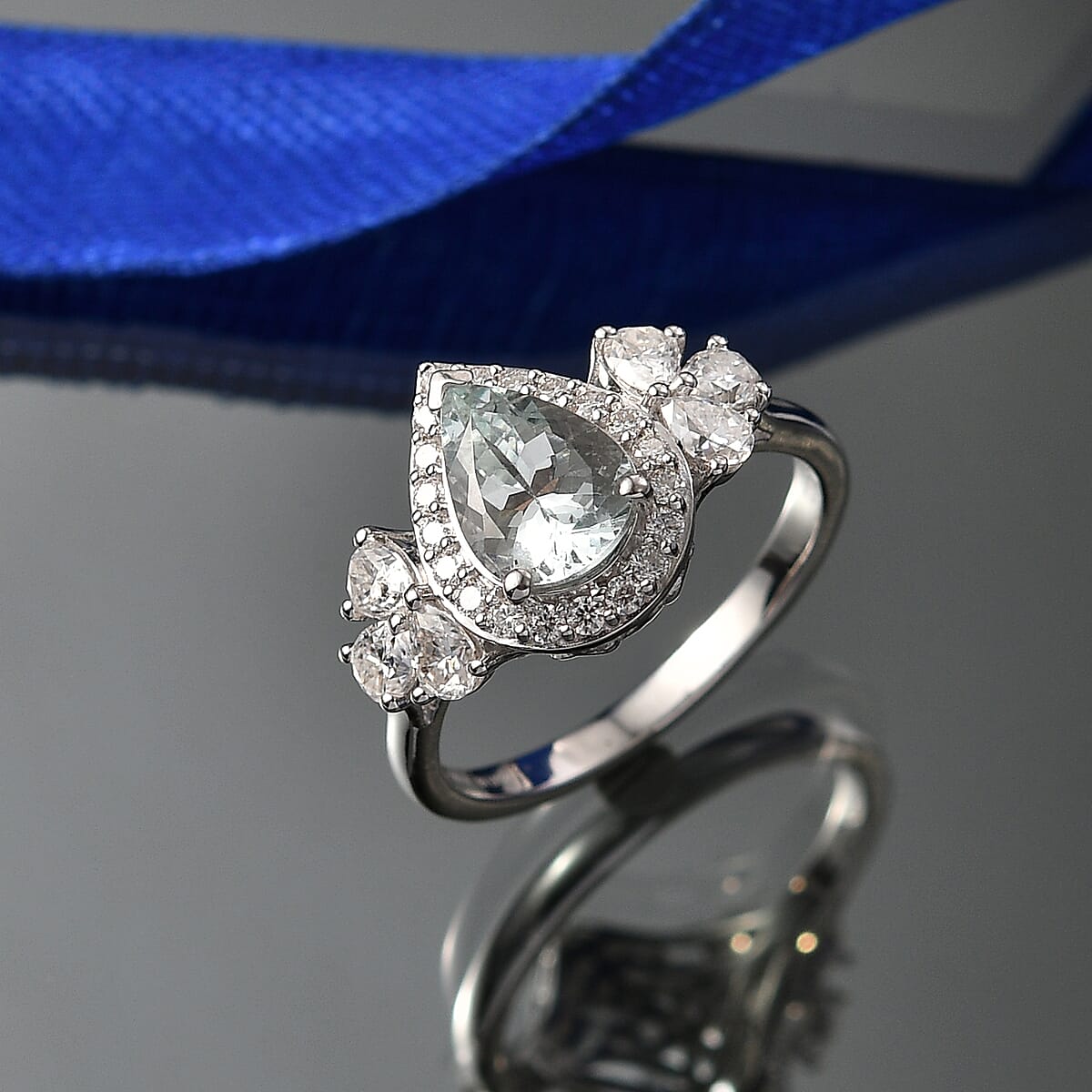 D'Joy Premium Mangoro Aquamarine and Moissanite 2.80 ctw Ring in Rhodium Over Sterling Silver (Size 7.0) (Del. in 10-15 Days) image number 1