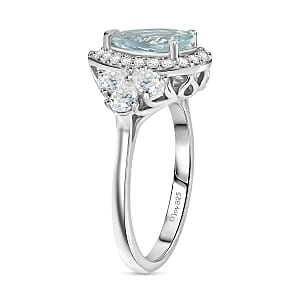 Certified & Appraised D'Joy Premium Mangoro Aquamarine, Moissanite Ring in Rhodium Over Sterling Silver (Size 10.0) (Del. in 10-15 Days) 2.80 ctw