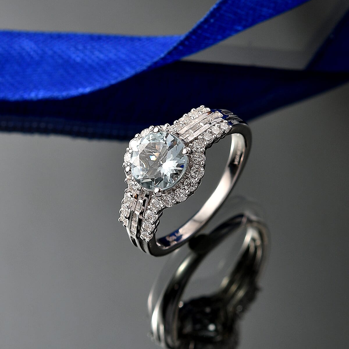 Certified & Appraised D'Joy Premium Mangoro Aquamarine, Moissanite Ring in Rhodium Over Sterling Silver (Size 10.0) (Del. in 10-15 Days) 2.30 ctw image number 1