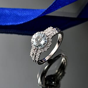 D'Joy Premium Mangoro Aquamarine and Moissanite 2.30 ctw Ring in Rhodium Over Sterling Silver (Size 6.0) (Del. in 10-15 Days)