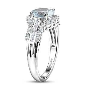 Certified & Appraised D'Joy Premium Mangoro Aquamarine, Moissanite Ring in Rhodium Over Sterling Silver (Size 10.0) (Del. in 10-15 Days) 2.30 ctw