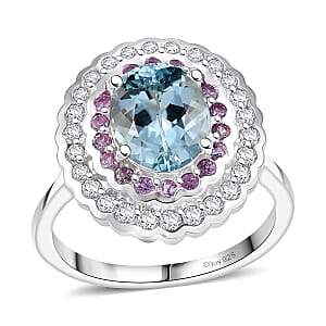 D'Joy Premium Mangoro Aquamarine and Multi Gemstone 3.40 ctw Ring in Rhodium Over Sterling Silver (Size 10.0) (Del. in 10-15 Days)