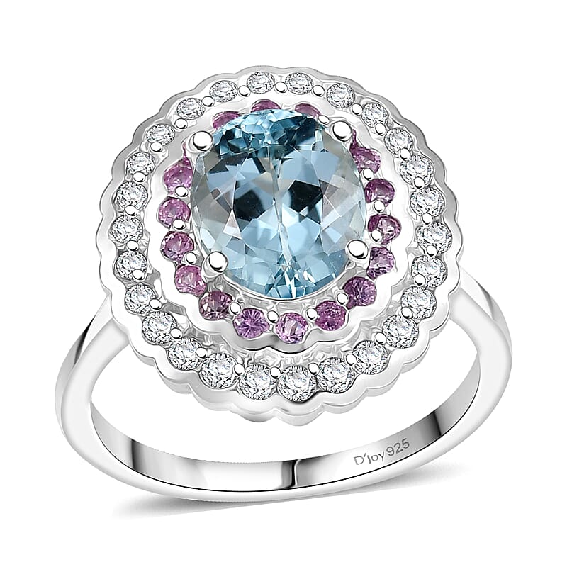 Certified and Appraised D'Joy Premium Mangoro Aquamarine and Multi Gemstone 3.40 ctw Ring in Rhodium Over Sterling Silver (Size 10.0)