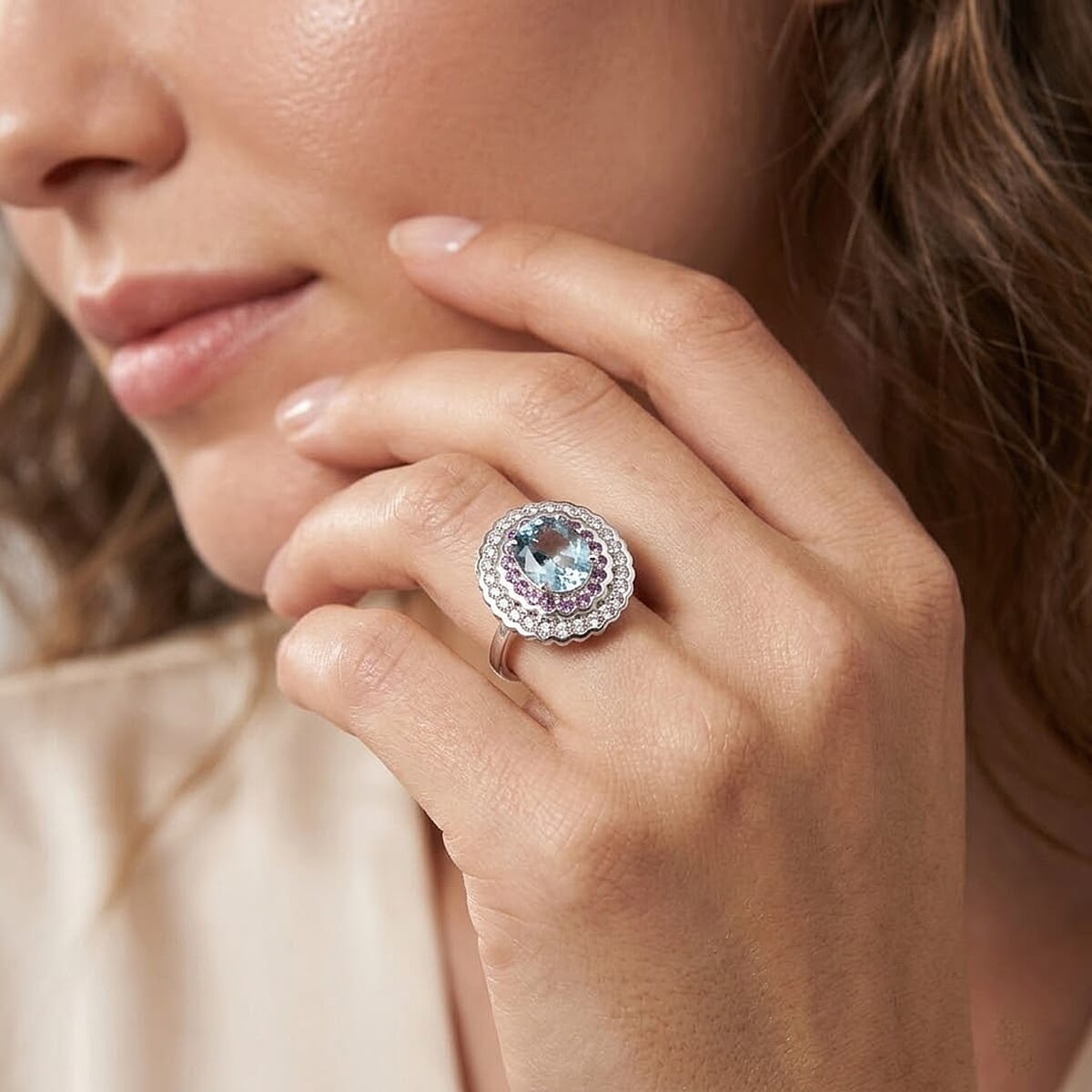 D'Joy Premium Mangoro Aquamarine and Multi Gemstone 3.40 ctw Ring in Rhodium Over Sterling Silver (Size 10.0) (Del. in 10-15 Days) image number 2