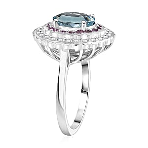 D'Joy Premium Mangoro Aquamarine and Multi Gemstone 3.40 ctw Ring in Rhodium Over Sterling Silver (Size 10.0) (Del. in 10-15 Days)