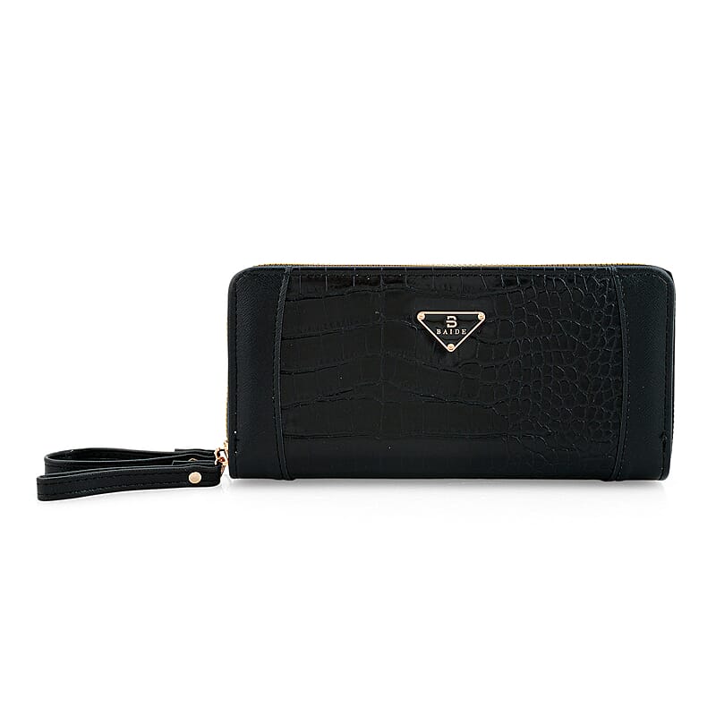 Closeout Black Crocodile Embossed Faux Leather Wristlet Wallet