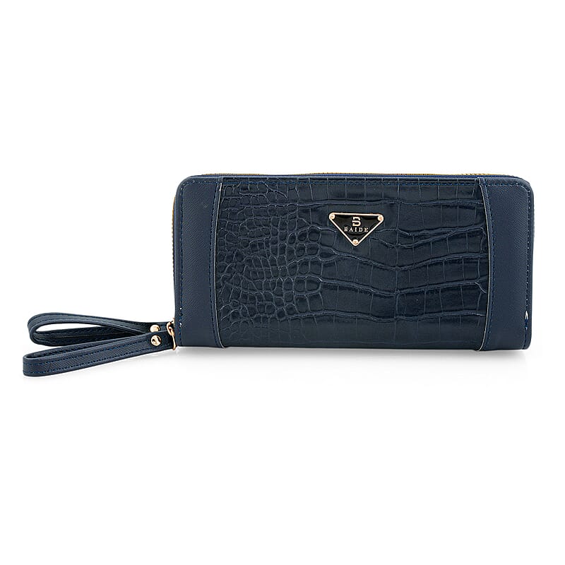 Closeout Navy Crocodile Embossed Faux Leather Wristlet Wallet