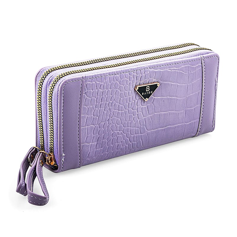 Closeout Purple Crocodile Embossed Faux Leather Wristlet Wallet