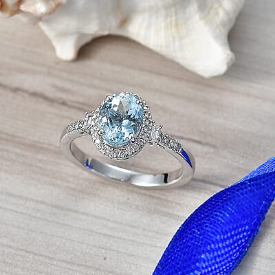 Luxoro Premium Santa Maria Aquamarine and Diamond I2 2.00 ctw Royal Ocean Halo Ring in 10K White Gold (Size  5.0)