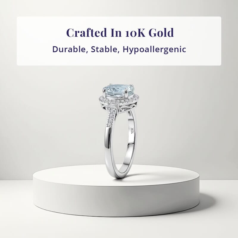 Luxoro Premium Santa Maria Aquamarine and Diamond I2 2.00 ctw Royal Ocean Halo Ring in 10K White Gold (Size  6.0)