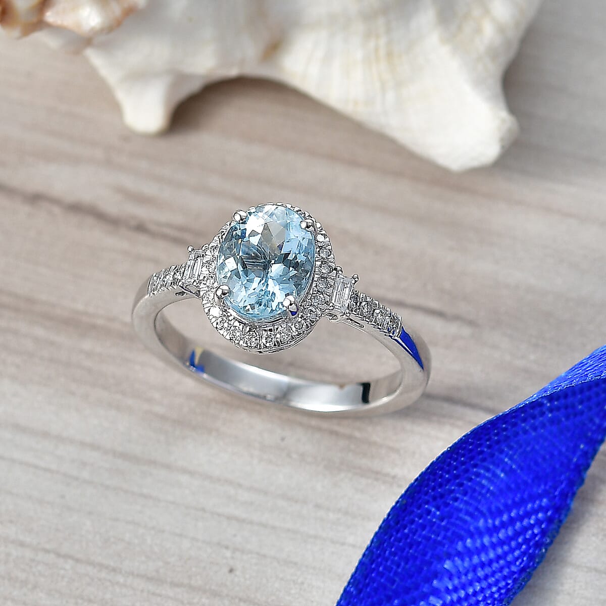 Luxoro Premium Santa Maria Aquamarine and Diamond I2 2.00 ctw Royal Ocean Halo Ring in 10K White Gold (Size  7.0) image number 1