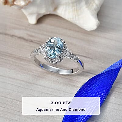 Luxoro Premium Santa Maria Aquamarine and Diamond I2 2.00 ctw Royal Ocean Halo Ring in 10K White Gold (Size  7.0)
