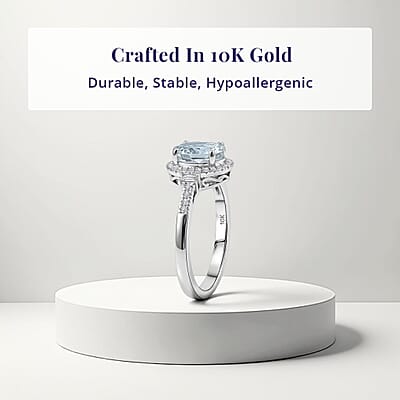 Luxoro Premium Santa Maria Aquamarine and Diamond I2 2.00 ctw Royal Ocean Halo Ring in 10K White Gold (Size  8.0)