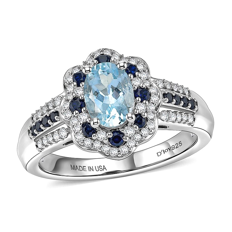 D'Joy Santa Maria Aquamarine and Multi Gemstone 1.35 ctw Ocean Crown Ring in Rhodium Over Sterling Silver (Size 10.0)