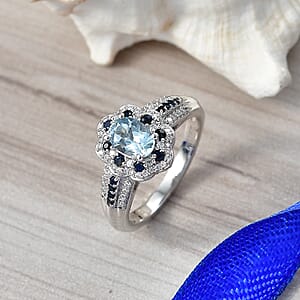 D'Joy Santa Maria Aquamarine and Multi Gemstone 1.35 ctw Ocean Crown Ring in Rhodium Over Sterling Silver (Size 10.0)